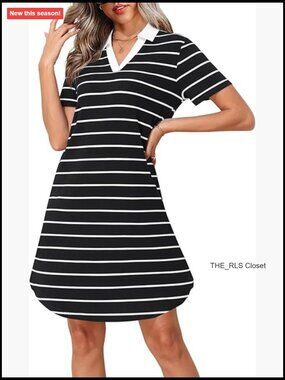 Striped Polo Dress V Neck Short Sleeve A-Line Mini Loose Fit